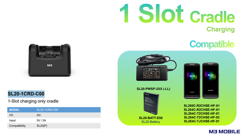 M3 Mobile ASSY: SL20 1-Slot charging only cradle for 1xSL20. ТРЕБУЕТСЯ БЛОК ПИТАНИЯ P/N SL20-PWSP-2EU-LL арт. SL20-1CRD-C00
