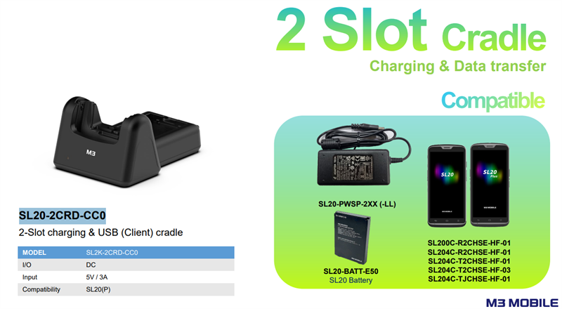 M3 Mobile ASSY: SL20 2-Slot charging USB(Client) cradle for 1xSL20 1xSL20 spare battery. Requires power supply PN SL20-PWSP-2EU