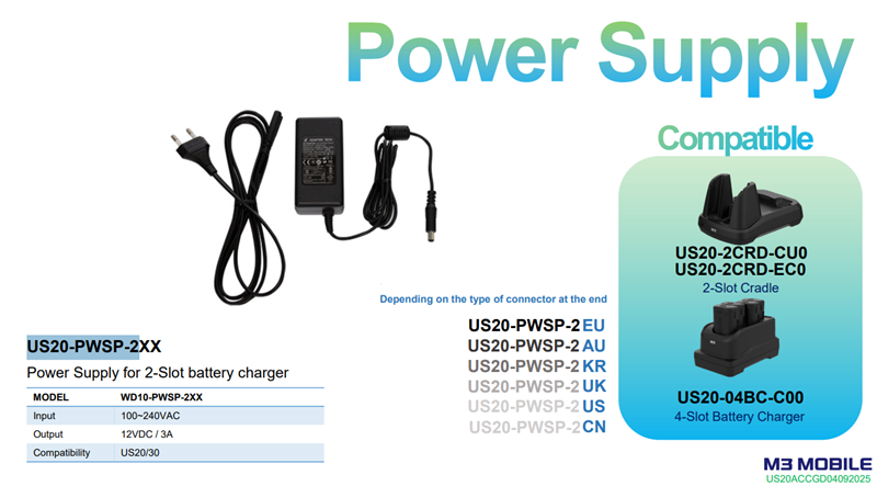 M3 Mobile ASSY: US20/US30 Power Supply: 100~240VAC, 12VDC, 3A. Provides power to the 2 slot cradle. Includes EU power cord. арт. US20-PWSP-2EU