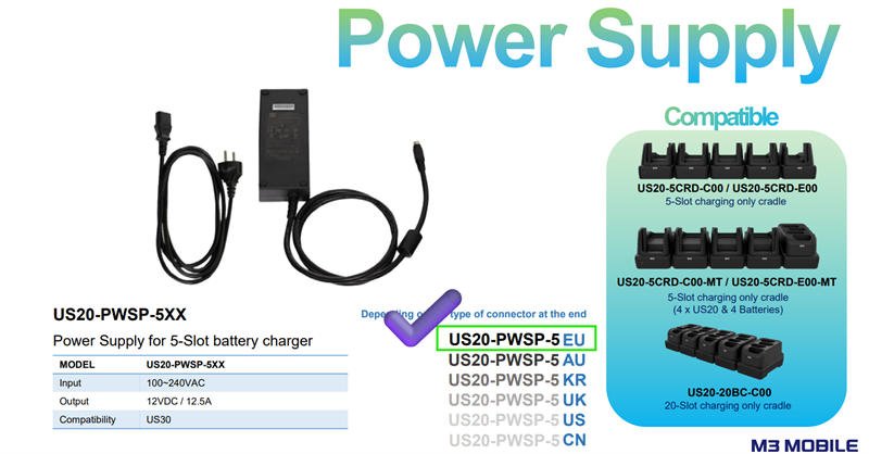 M3 Mobile ASSY: US20/US30 PSU 100~240VAC, 12VDC, 12.5A. Provides power to the 5 slot cradle for US20 and the 8 slot cradle for UL20. Includes EU power cord. арт. US20-PWSP-5EU