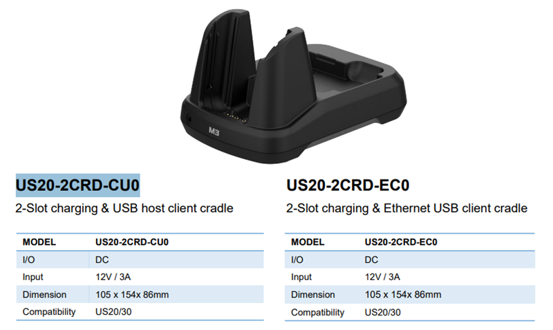 M3 Mobile ASSY: US20/US30 2-Slot charging & USB host client cradle for 1xUS20 & 1xUS20 spare battery. Requires power supply (US20-PWSP-2XX; sold separately) арт. US20-2CRD-CU0