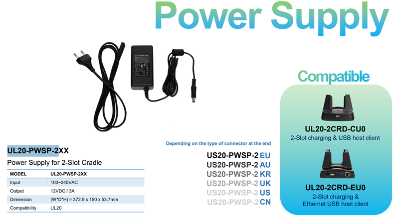 M3 Mobile ASSY: UL20/UL30 PSU 100~240VAC, 12VDC, 3A. Provides power to the 2 slot cradle for UL20/US20. Includes EU power cord.