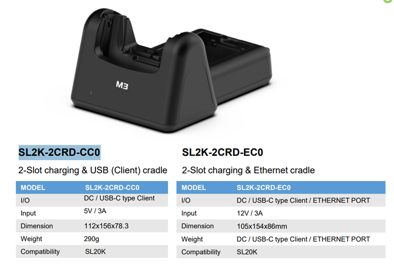 M3 Mobile ASSY: SL20K 2-Slot charging USB(Client) cradle for 1xSL20K 1xSL20K spare battery. Requires power supply (SL20-PWSP-2EU sold separately) арт. SL2K-2CRD-CC0