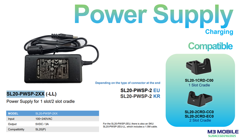 M3 Mobile ASSY: SL20 PSU 100240VAC, 5VDC, 3A. 1.5M cable. Provides power to the 1-slot/2-slot cradle for SL20. Includes EU power cord. арт. SL20-PWSP-2EU-LL