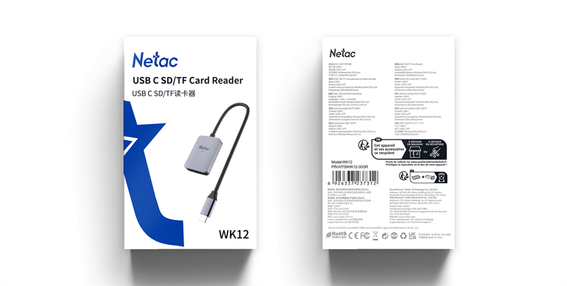 Кардридер Netac Flash card reader WK12, USB3.0 Type-C to mSD/SD (repl. NT09WK12-30GR) арт. WK12GYCN