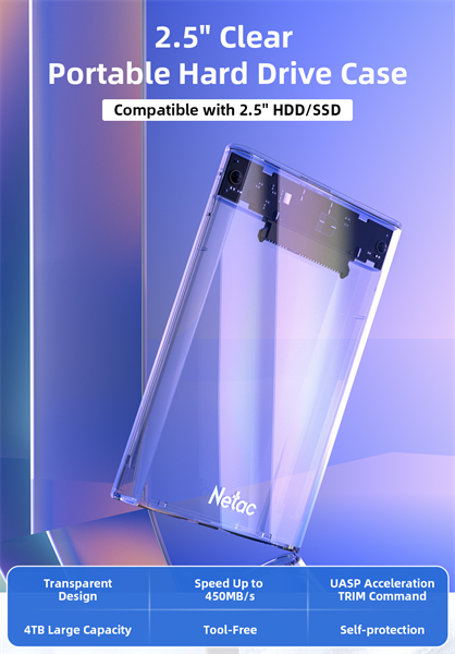 Внешний корпус для диска HDD/SSD Netac WH11 2.5 SATA to USB3.0 External HDD/SSD Case, Slide Transparent Cover, with USB3.0 C to C cable арт. NT07WH11-30CC