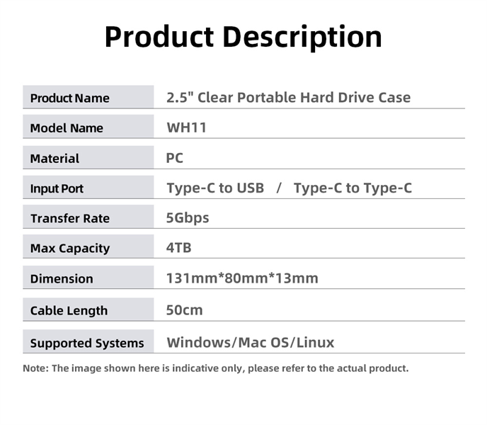 Внешний корпус для диска HDD/SSD Netac WH11 2.5 SATA to USB3.0 External HDD/SSD Case, Slide Transparent Cover, with USB3.0 C to C cable арт. NT07WH11-30CC