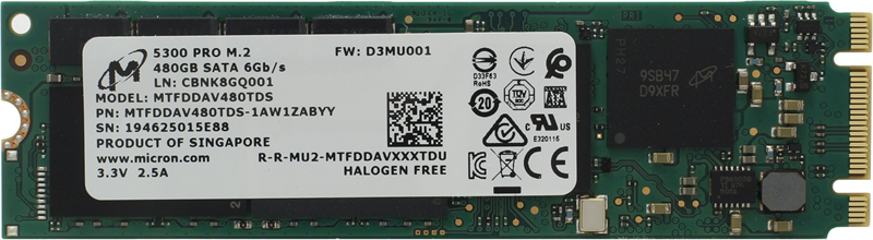 Micron 5300PRO 480GB SATA M.2(22x80mm) 3D TLC R540/W410MB/s MTTF 3М 85000/36000 IOPS 1324TBW SSD Enterprise Solid State Drive, 1 year, OEM арт. MTFDDAV480TDS-1AW1ZABYY