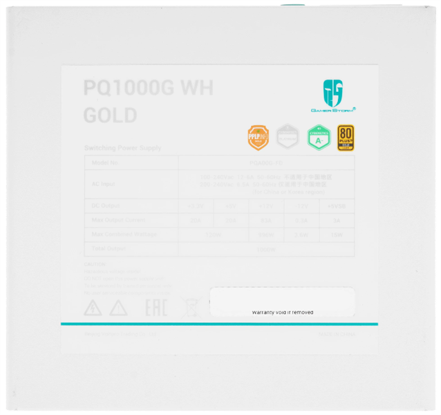 Deepcool GAMERSTORM PQ1000G WH (ATX 3.1, 1000W, Full Cable Management, 120mm fan, 80+ GOLD, Active PFC + Half Bridge + DC/DC, Full Japanese Capasitors, Gen5 PCIe, белый) RET (R-PQA00G-FD0W-WGEU-V1)