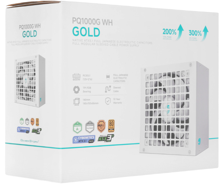 Deepcool GAMERSTORM PQ1000G WH (ATX 3.1, 1000W, Full Cable Management, 120mm fan, 80+ GOLD, Active PFC + Half Bridge + DC/DC, Full Japanese Capasitors, Gen5 PCIe, белый) RET (R-PQA00G-FD0W-WGEU-V1)