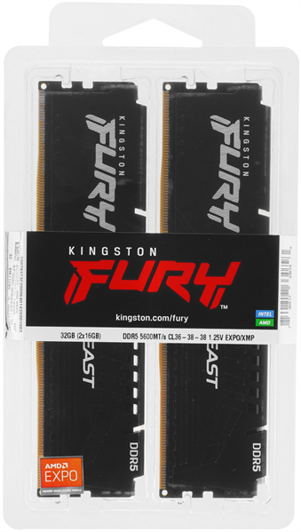 Kingston 32GB 5600MT/s DDR5 CL36 DIMM (Kit 2*16Gb) FURY Beast Black EXPO 1 Year Warrаnty