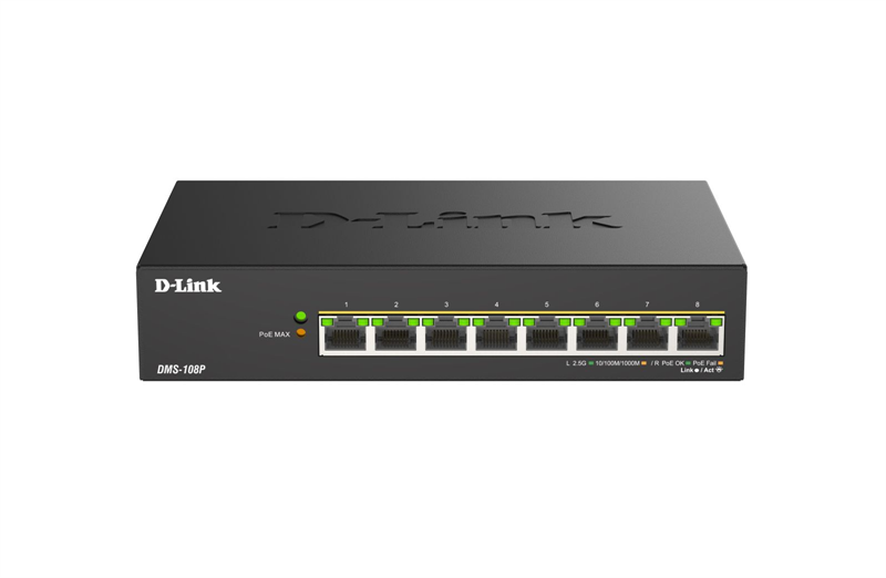 D-Link DMS-108P/A1A Неуправляемый коммутатор с 8 портами 100/1000/2.5GBase-T (8 портов PoE 802.3af/at/bt, PoE-бюджет 230 Вт)