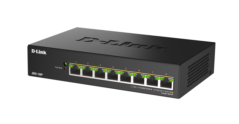 D-Link DMS-108P/A1A Неуправляемый коммутатор с 8 портами 100/1000/2.5GBase-T (8 портов PoE 802.3af/at/bt, PoE-бюджет 230 Вт)