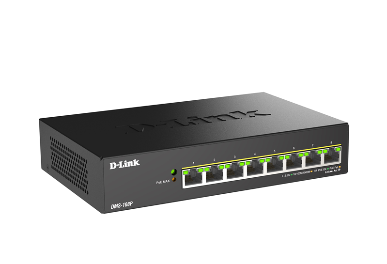 D-Link DMS-108P/A1A Неуправляемый коммутатор с 8 портами 100/1000/2.5GBase-T (8 портов PoE 802.3af/at/bt, PoE-бюджет 230 Вт)
