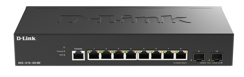 D-Link Управляемый L2 коммутатор, 8x1000Base-T, 2x10GBase-X SFP+, защита от статического электричества до 6 кВ, CLI, консольный порт RJ-45, RPS, поддержка Dying Gasp арт. DGS-1210-10X/ME/C1A