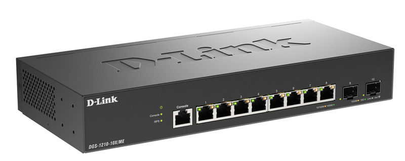 D-Link Управляемый L2 коммутатор, 8x1000Base-T, 2x10GBase-X SFP+, защита от статического электричества до 6 кВ, CLI, консольный порт RJ-45, RPS, поддержка Dying Gasp арт. DGS-1210-10X/ME/C1A