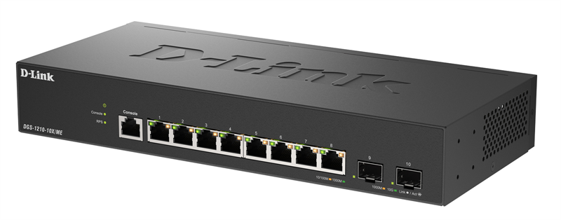 D-Link Управляемый L2 коммутатор, 8x1000Base-T, 2x10GBase-X SFP+, защита от статического электричества до 6 кВ, CLI, консольный порт RJ-45, RPS, поддержка Dying Gasp арт. DGS-1210-10X/ME/C1A