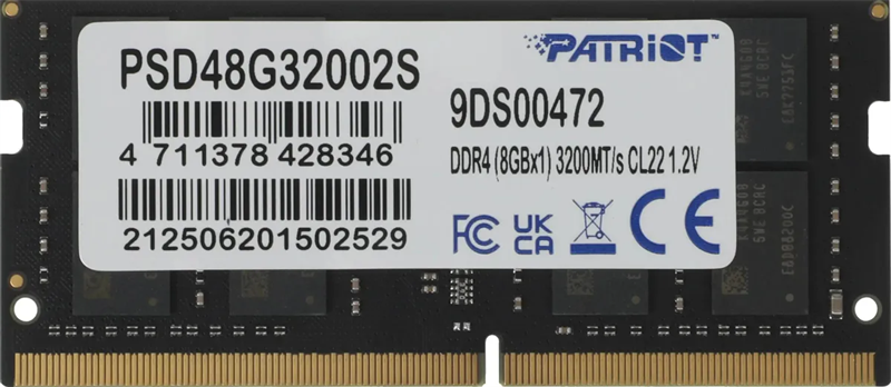Patriot SL DDR4 8GB 3200MHz SO-DIMM SINGLE 1*8GB CL22 22-22-22-52 1.2V (analog PSD48G320081S) арт. PSD48G32002S