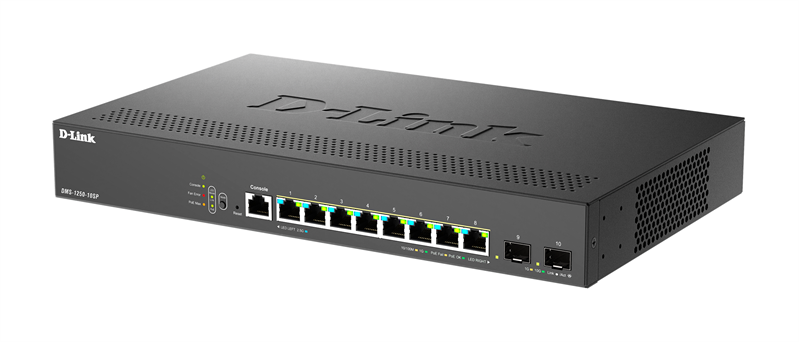 D-Link Управляемый L2 PoE-коммутатор, 8x2.5GBase-T PoE, 2x10GBase-X SFP+, PoE-бюджет 240 Вт, защита от статического электричества до 6 кВ, CLI, консольный порт RJ-45
