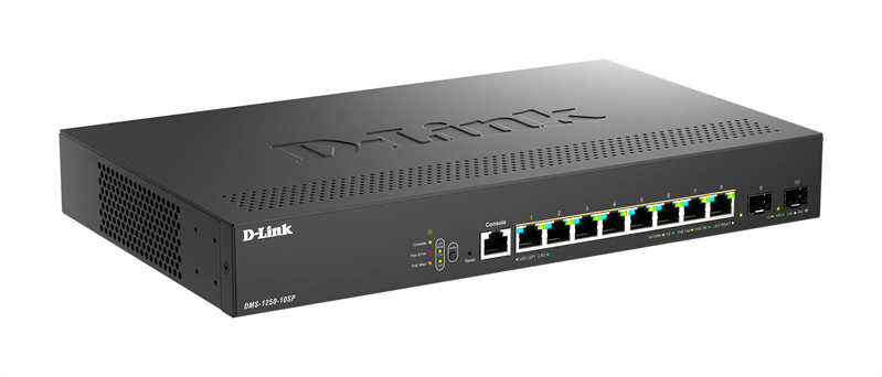 D-Link Управляемый L2 PoE-коммутатор, 8x2.5GBase-T PoE, 2x10GBase-X SFP+, PoE-бюджет 240 Вт, защита от статического электричества до 6 кВ, CLI, консольный порт RJ-45