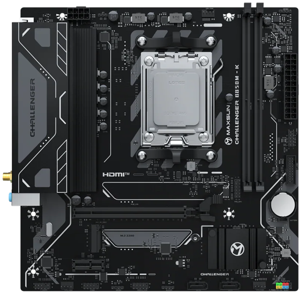 Материнская плата MAXSUN MS-Challenger B850M-K WIFI, AM5, B850, 2*DDR5, 2*SATA3, M.2, 4*USB 3.2, 2*USB 2.0, 1*PCIEx16, 1*PCIEx1, DP+HDMI, mATX