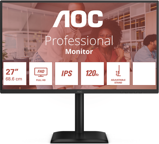 27" AOC 1920x1080, WLED, 16:9, IPS, 300 cd, 1500:1, 20M:1, 4ms, 178°/178°, VGA, HDMI, DP, USB hub: USB3.2x4, USB3.2-B, 120Hz, Speak, Tilt, Height, Swivel, Pivot, Internal, VESA, Black, 3y арт. 27E4U