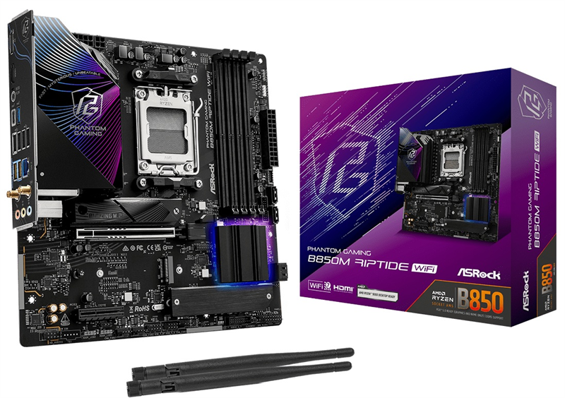 Материнская плата ASROCK B850M RIPTIDE WIFI, AM5, B850, 4*DDR5, 4*SATA, 3*M.2, 4*USB 2.0, 3*USB 3.2, Type-C, 2*PCIx16, 1*M.2 (Key E), HDMI+DP,  mATX
