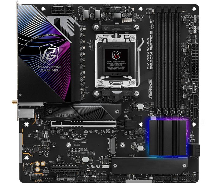 Материнская плата ASROCK B850M RIPTIDE WIFI, AM5, B850, 4*DDR5, 4*SATA, 3*M.2, 4*USB 2.0, 3*USB 3.2, Type-C, 2*PCIx16, 1*M.2 (Key E), HDMI+DP,  mATX