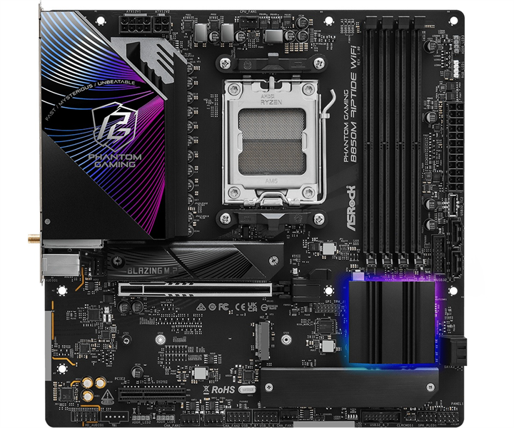 Материнская плата ASROCK B850M RIPTIDE WIFI, AM5, B850, 4*DDR5, 4*SATA, 3*M.2, 4*USB 2.0, 3*USB 3.2, Type-C, 2*PCIx16, 1*M.2 (Key E), HDMI+DP,  mATX