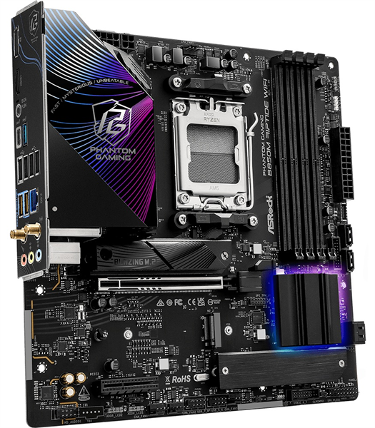 Материнская плата ASROCK B850M RIPTIDE WIFI, AM5, B850, 4*DDR5, 4*SATA, 3*M.2, 4*USB 2.0, 3*USB 3.2, Type-C, 2*PCIx16, 1*M.2 (Key E), HDMI+DP,  mATX