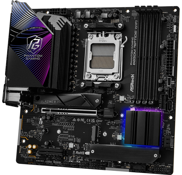 Материнская плата ASROCK B850M RIPTIDE WIFI, AM5, B850, 4*DDR5, 4*SATA, 3*M.2, 4*USB 2.0, 3*USB 3.2, Type-C, 2*PCIx16, 1*M.2 (Key E), HDMI+DP,  mATX