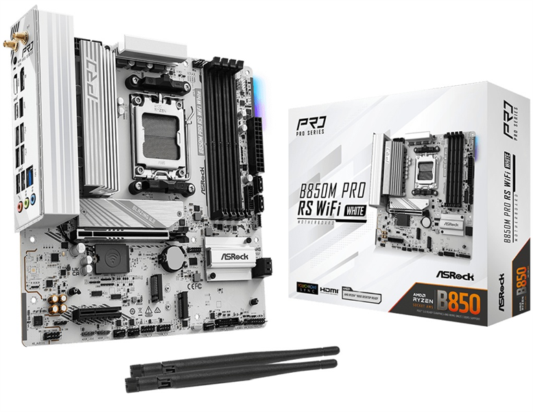 Материнская плата ASROCK B850M PRO RS WIFI WHITE, AM5, B850, 4*DDR5, 4*SATA, 3*M.2, 4*USB 2.0, 3*USB 3.2, Type-C, 2*PCIx16, 1*M.2 (Key E), HDMI+DP,  mATX