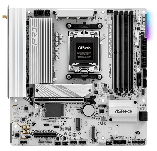 Материнская плата ASROCK B850M PRO RS WIFI WHITE, AM5, B850, 4*DDR5, 4*SATA, 3*M.2, 4*USB 2.0, 3*USB 3.2, Type-C, 2*PCIx16, 1*M.2 (Key E), HDMI+DP,  mATX