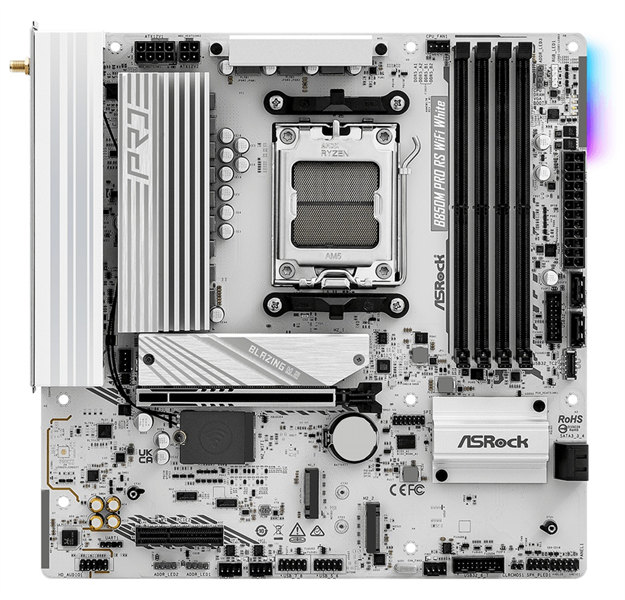 Материнская плата ASROCK B850M PRO RS WIFI WHITE, AM5, B850, 4*DDR5, 4*SATA, 3*M.2, 4*USB 2.0, 3*USB 3.2, Type-C, 2*PCIx16, 1*M.2 (Key E), HDMI+DP,  mATX