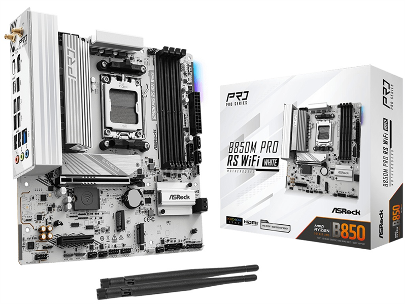 Материнская плата ASROCK B850M PRO RS WIFI WHITE, AM5, B850, 4*DDR5, 4*SATA, 3*M.2, 4*USB 2.0, 3*USB 3.2, Type-C, 2*PCIx16, 1*M.2 (Key E), HDMI+DP,  mATX
