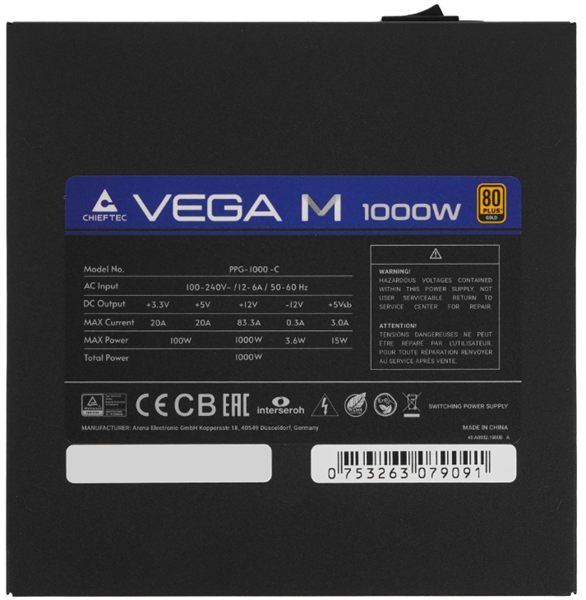 Chieftec Vega M PPG-1000-C (ATX 3.1, 1000W, 80 PLUS GOLD, Active PFC, 135mm fan, Gen5 PCIe, Full Cable Management) Retail