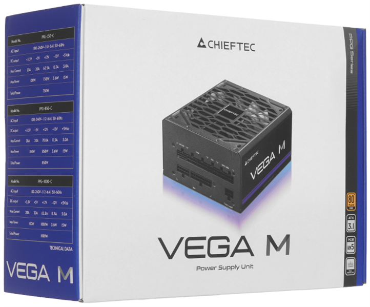 Chieftec Vega M PPG-1000-C (ATX 3.1, 1000W, 80 PLUS GOLD, Active PFC, 135mm fan, Gen5 PCIe, Full Cable Management) Retail