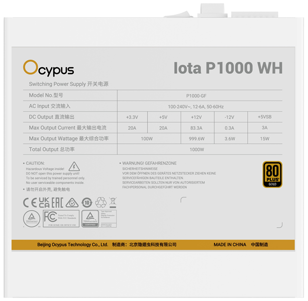 Ocypus Iota P1000 WH, 1000W, APFC, 80+ Gold, ATX 3.1, Fully Modular, 120mm Fan