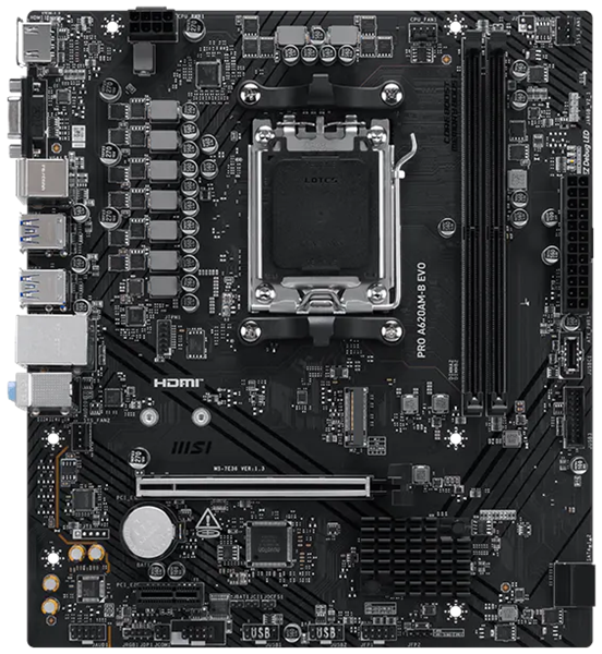 MSI PRO A620AM-B EVO AM5, 2*DDR5, 1*PCIEx16, 1*PCIEx1, 1*M.2, 1*TypeC, 6*USB3.2Gen1, 6*USB2.0, 2*SATA3.0, 2.5G, VGA, HDMI, M-ATX, RTL