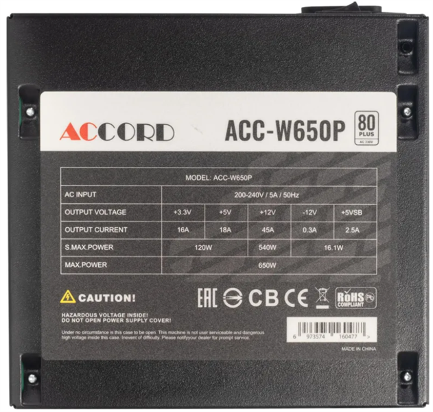 Accord ATX 650W ACC-W650P 80+ white (20+4pin) 120mm fan 6xSATA RTL