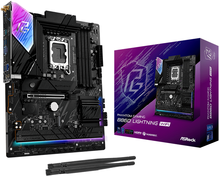 ASROCK B860 LIGHTNING WIFI, LGA1851, B860, 4*DDR5, 4*SATA, 4*M.2, 4*USB 3.2, 3*USB 2.0, Type-C, 2*PCIx16, 1*M.2 (Key E), HDMI+DP, ATX