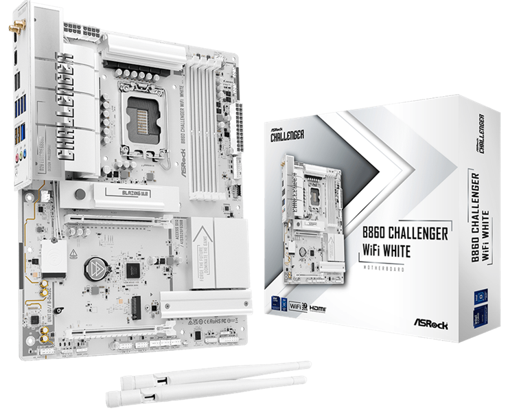 ASROCK B860 Challenger WiFi White, LGA1851, B860, 4*DDR5, 4*SATA, 4*M.2, 4*USB 3.2, 2*USB 2.0, Type-C, 2*PCIx16, 1*M.2 (Key E), HDMI, ATX