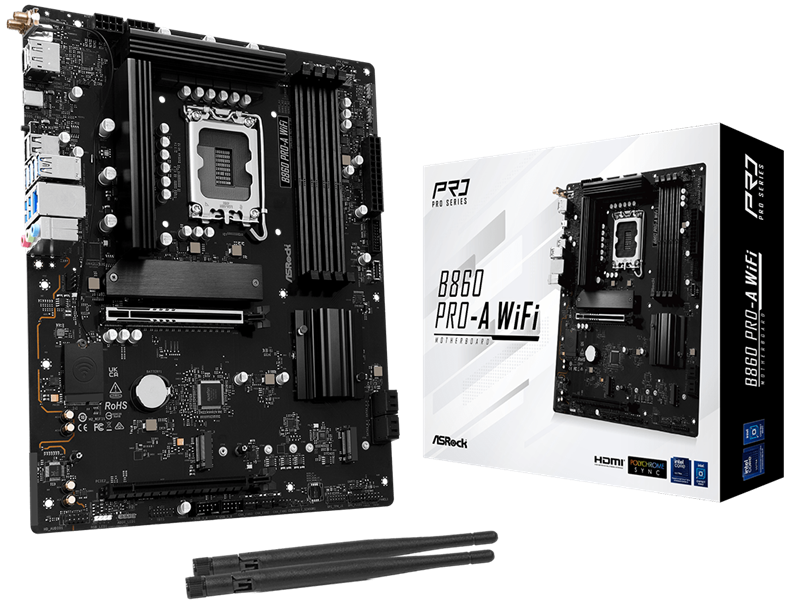 ASROCK B860 PRO-A WIFI, LGA1851, B860, 4*DDR5, 4*SATA, 4*M.2, 6*USB 3.2, 2*USB 2.0, Type-C, 2*PCIx16, 1*M.2 (Key E), HDMI+DP, ATX