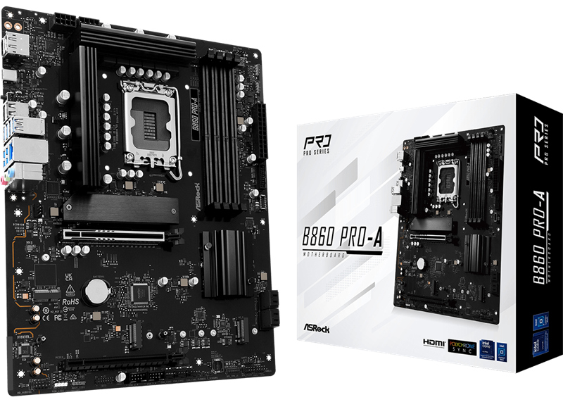 ASROCK B860 PRO-A, LGA1851, B860, 4*DDR5, 4*SATA, 4*M.2, 6*USB 3.2, 2*USB 2.0, Type-C, 2*PCIx16, 1*M.2 (Key E), HDMI+DP, ATX