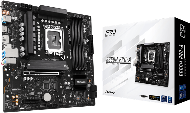 ASROCK B860M PRO-A, LGA1851, B860, 4*DDR5, 4*SATA, 4*M.2, 6*USB 3.2, 2*USB 2.0, Type-C, 2*PCIx16, 1*M.2 (Key E), HDMI+DP, mATX