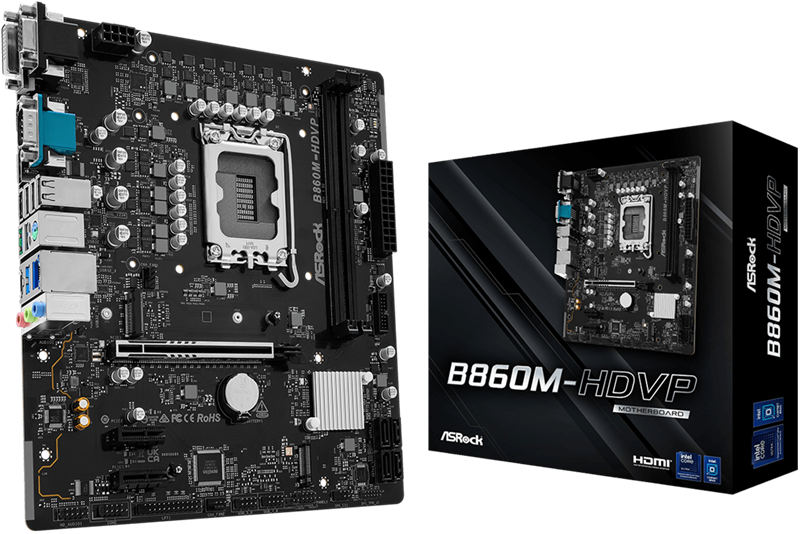 ASROCK B860M-HDVP, LGA1851, B860, 2*DDR5, 4*SATA, 2*M.2, 2*USB 3.2, 4*USB 2.0, Type-C, 2*PCIx16, 1*M.2 (Key E), HDMI+DP+DVI-D-Sub, COM port, mATX