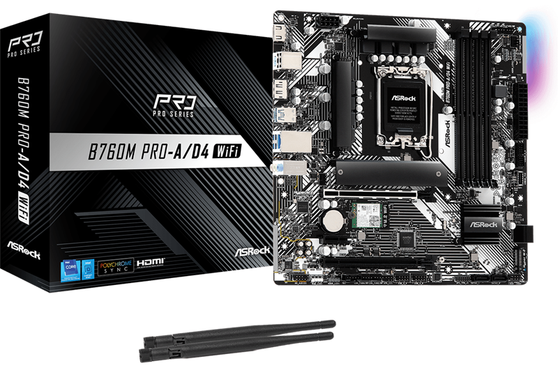ASROCK B760M PRO-A/D4 WIFI, LGA1700, B760, 4*DDR4,  4*SATA, 2*M.2, 3*USB 3.2, 2*USB 2.0, Type-C, 2*PCIx16, 1*PCIx1, 1*M.2 (Key E), HDMI+DP, mATX