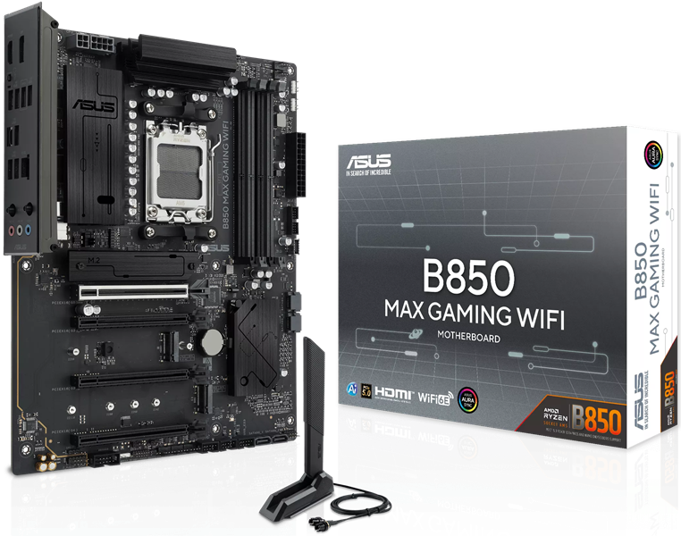 Материнская плата ASUS B850 MAX GAMING WIFI, AM5, B850, 4*DDR5,  4*SATA, 3*M.2, 5*USB 3.2, 2*USB 2.0, Type-C, 5*PCIx16, DP+HDMI, ATX; 90MB1PR0-M0EAY0