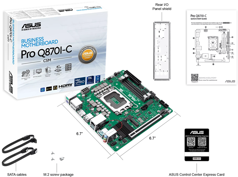 Материнская плата ASUS PRO Q870I-C-CSM, LGA1851, Q870, 2*DDR5, 2*SATA, 1*M.2, 3*USB 3.2, 2*USB 2.0, Type-C, 2*PCIx16, 2*DP+HDMI, mATX; 90MB1MPP-M0EAYC