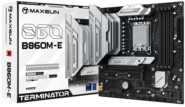 MAXSUN MS-Terminator B860M-E, LGA1851, B860, 4*DDR5, 4*SATA3, 3*M.2, USB 3.2, USB 2.0, 1*PCIEx16, 1*PCIex4, 1*PCIex1, HDMI+DP, mATX